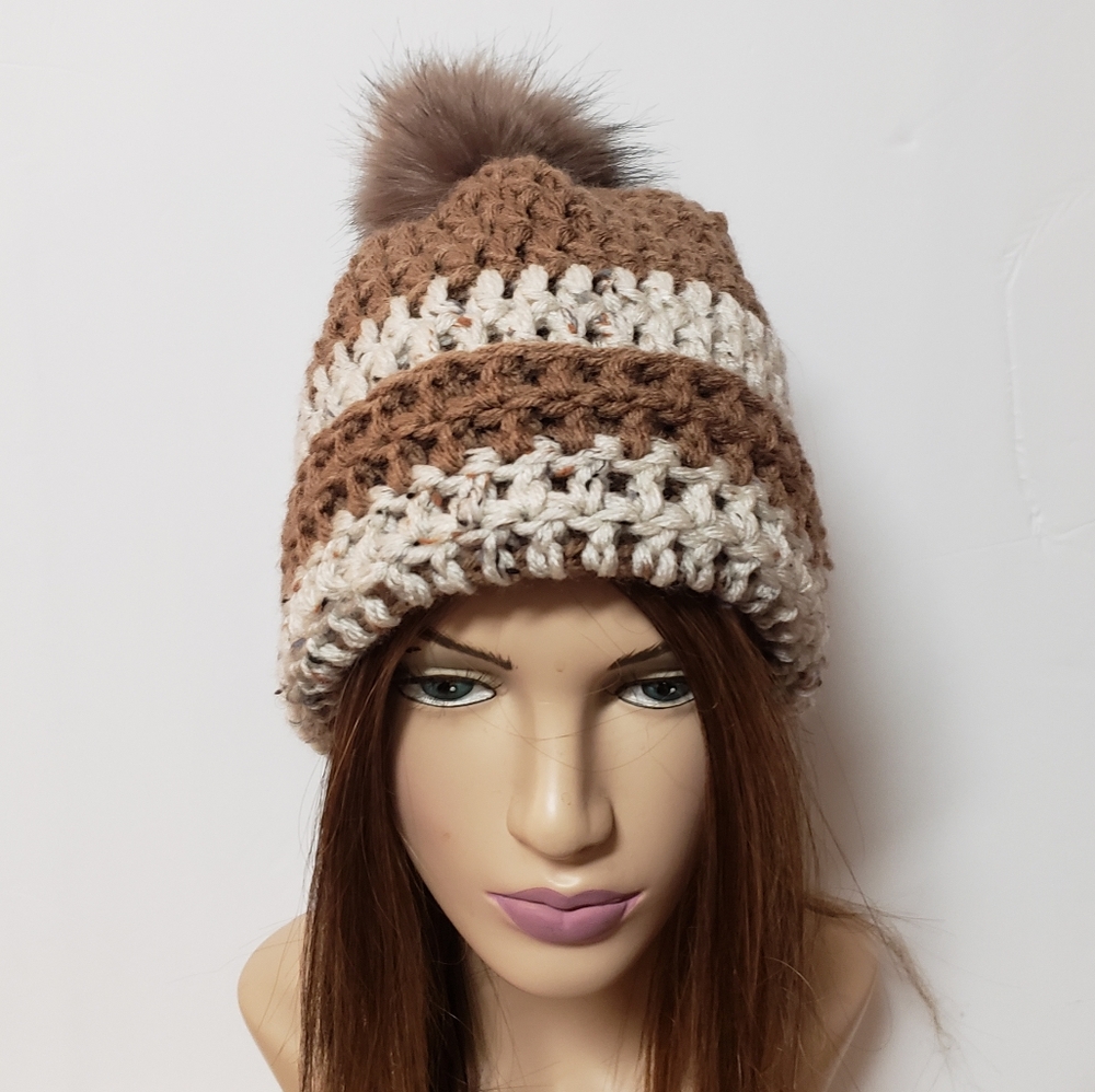 Cafe & Oatmeal Striped Beanie with Fur Pom Pom